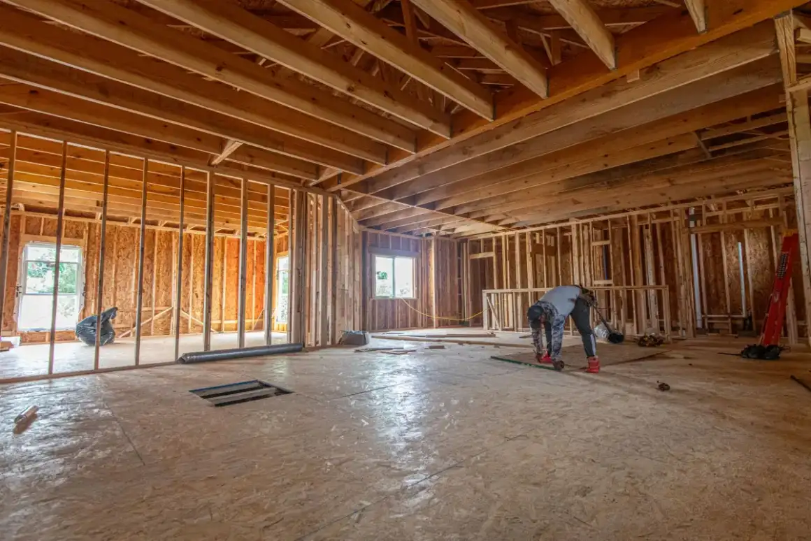 Metal stud partition framing set out before drywall is hung