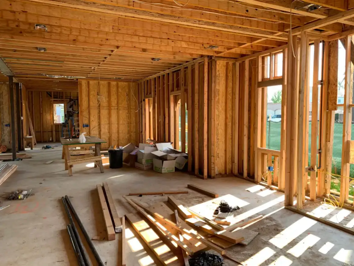 Interior partition framing laid out for a tenant build-out ahead of boarding